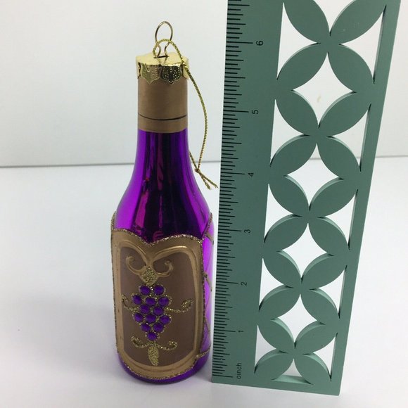 Wine Bottle Christmas Holiday Glass Ornament With Stones Purple Gold Glitter 6" - Picture 9 of 12